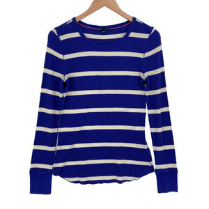 Gap Thermal Women Medium Blue White Striped Knit Long Sleeve Round Neck Pullover